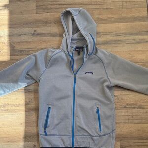 Patagonia Gray Hoodie Jacket with Blue Accents